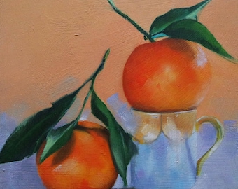 Original small oil painting of mandarin oranges,small fruit painting