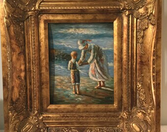 Beautiful Mother and Child at the Beach Painting on Board signed Coet