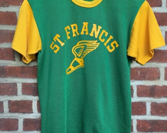 60s 70s Durack nylon t shirt jersey athletic shirt green yellow St. Francis
