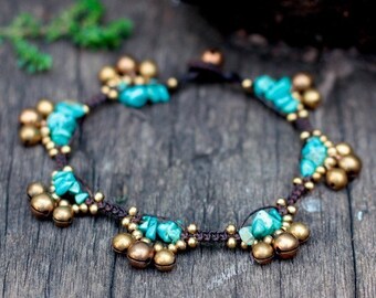 Turquoise Brass Bell Boho Anklet or Bracelet