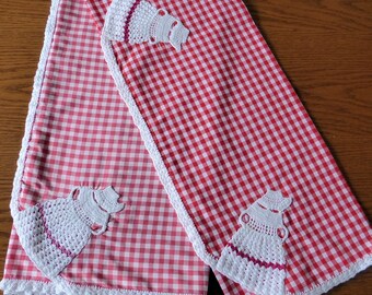 Retro vintage cross stitch runner and tablecloth with Crinoline ladies