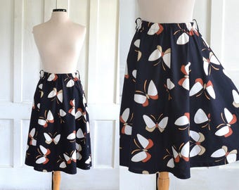 80s Moth Butterfly Print Skirt 70s Full A-line Cotton Skirt