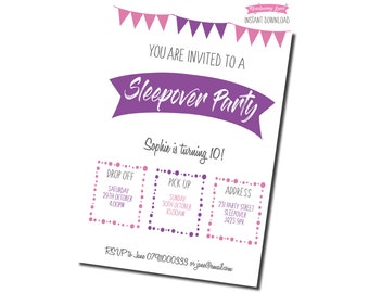 Printable Sleepover Party Invitation - Pink & Purple