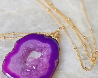 Druzy Necklace, Purple Pink Druzy Necklace, Geode Necklace, Agate Necklace, Raw Stone Necklace, Crystal Necklace, Druzy Jewelry