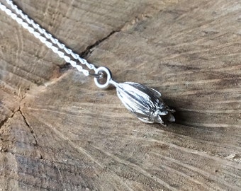 Sterling silver small seed pod necklace, flower bud pendant, pod pendant, organic necklace