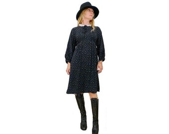 80s LBD long sleeves dress / peter pan lace collar/ small