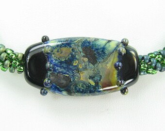 Handmade Beaded Kumihimo Necklace with Lampwork Bead Tab Focal Forrest Green