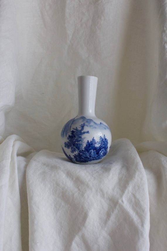 Vintage Classic Blue Painted China Vase, Bud Vase