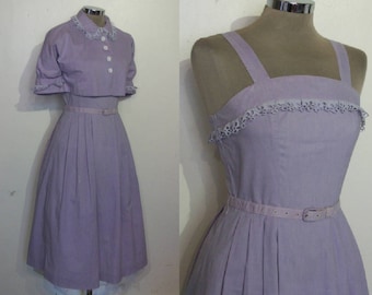 Charming 1950s cotton sundress waist 25" w/puff sleeve bolero, self belt