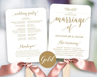 Gold Wedding Fans, Printable Wedding Fan Program Template, Fan Wedding Program, Editable text, Modern Calligraphy, VW36