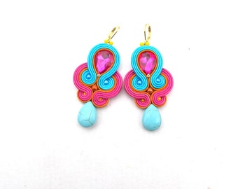 Dangle Drop Earrings, Soutache Earrings, Turquoise Earrings, Pink Earrings, Drop Earrings, Dangle Earrings