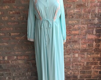 1970s Blue Nylon Peignoir Nightgown Robe Kayser Size 38