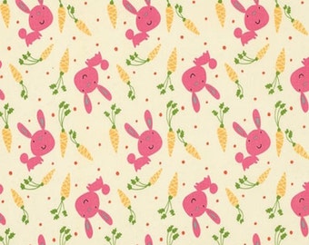 Nursery Fabric: Garden Bunny & Carrots Grass by David Walker PINK Rabbit 100% cotton Fabric by the yard 36"x44" (K95)