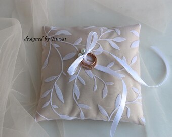Beige wedding ring bearer pillow with white leaves and pearl-ring bearer, ring cushion, ready to ship