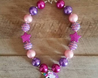 Unicorn Chunky Necklace, Unicorn Pink Purple Chunky Necklace, Baby Necklace, Bubblegum Bead Necklace, Unicorn Birthday, Cake Smash Necklace