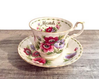 Vintage Royal Albert March Tea Cup and Saucer, Flower of the Month Series Teacup, Anemone Flowers, Birthday Gift, Montrose Cup, England