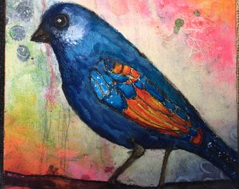 blue bird mixed media painting on cradled wood