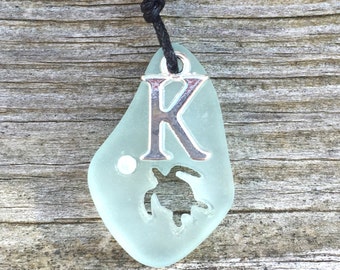 Carved Honu Turtle Sea Glass Necklace Pale Aqua Initial by Wave of Life™