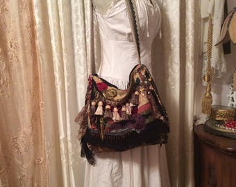 Fringed Bohemian Bag, handmade slouchy fabric purse, black lace, beads buttons embellished, OOAK black gypsy bag