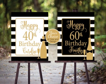 Black Tie 40th 50th 60th Birthday Party Sign | Printable | Any Age | Gold | Bowtie and Bottle | Personalized | DIGITAL PRINTABLE FILES