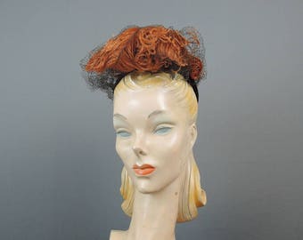 Vintage 1940s Hat Brown Felt Feather Topper Tilt Hat, New York Creations Art Deco Noir