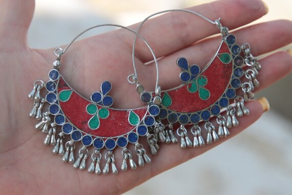AFGHANI EARRINGS - Turquoise & Coral - Vintage - Handmade - Bespoke - Kuchi - Mosaic - Gypsy - One of a Kind - Statement - Festival - Indian