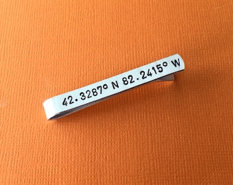 GPS Coordinates Hand Stamped Tie Clip, Aluminum Tie Bar, Personalized Gift, Custom Gift, Latitude Longitude, Long Distance Relationship Gift