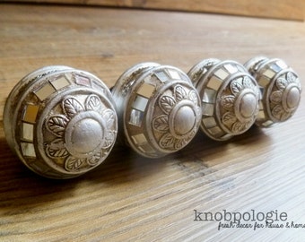 SET OF 4 - Antiqued Silver Art Deco Style Mirror Knob - Shiny Pewter Metal Mosaic Drawer Pull - Decorative Knob - Cabinet Decor