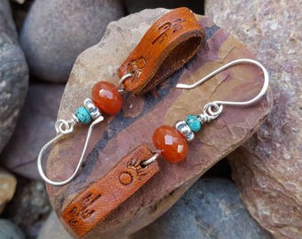 Leather Earrings - Cactus- Carnelian and Turquoise -Silver Earrings - Western Jewelry - Cowgirl Jewelry by HeartofaCowgirl