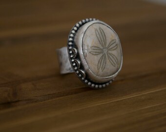 Silver Mermaid Ring | Turquoise Ring Womens | Real Turquoise Ring | Fossilized Sand Dollar Ring | Silver Bohemian Ring | Mermaid Ring