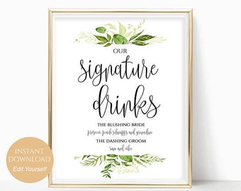 Signature Drinks Printable Signature Drinks Sign Signature Cocktails Bar Sign PDF Instant Download 8x10, 5x7, 4x6 Greenery Wedding Printable
