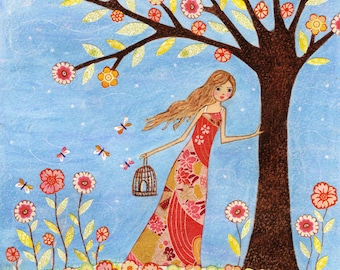 Mixed Media Girl and Birdcage Art Print from my Original Painting, Whimsical Folk Art