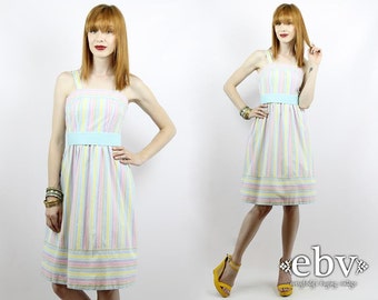 1970s Sundress 1970s Dress 70s Dress Vintage 70s Pastel Belted Sundress XS S Summer Dress Striped Dress Pastel Dress Vintage Sundress
