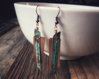 Copper and Patina Angle Earrings