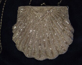 Vintage SILVER Beaded Clamshell Evening Purse