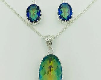Mystic Rainbow Topaz Pendant & Earrings, Strength and Protection.