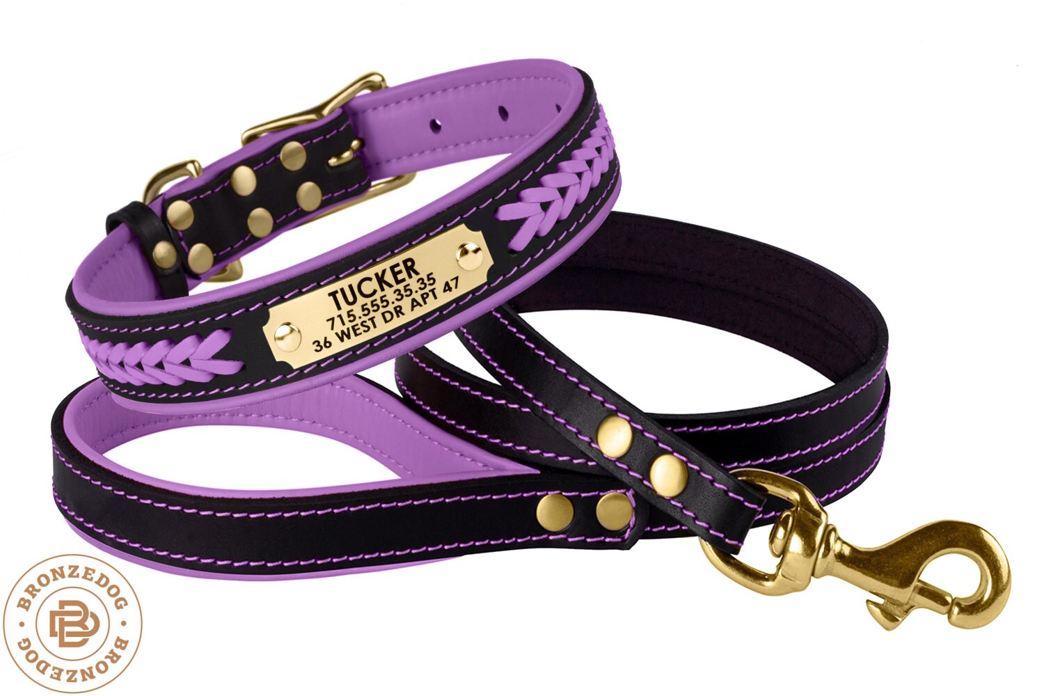 Dog Collar Leash Set Purple Soft Padded Leather Personalized
