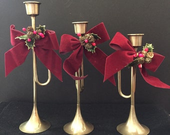Christmas Around the World Brass Horn Candle Holders with Embellishments - Set of 3