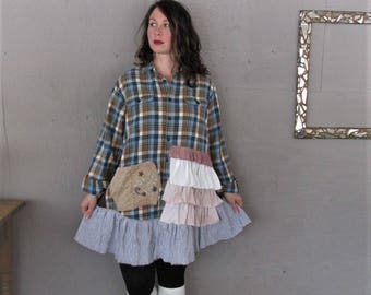 upcycled tunic dress Wearable art clothing XL 1 X Boho Bohemian plaid cotton dress Romantic Earthy winter Statement dress LillieNoraDryGoods
