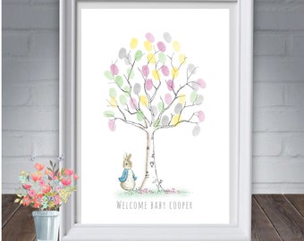 Peter rabbit, Baby shower, Fingerprint tree, baby guest book, Nursary decor, thumb print