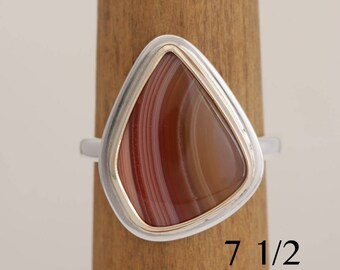 Laguna agate ring, laguna agate in silver and gold, freeform agate ring, size 7 1/2, #870.