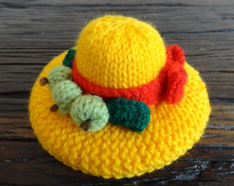 Autumn hat ornament or pincushion, Yellow, Red, Green, Knitted, Gift