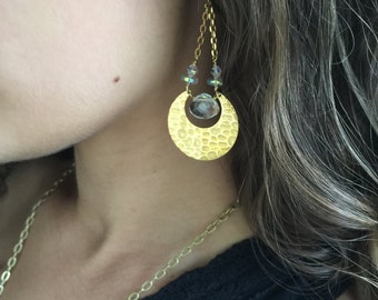 Brass Crescent Moon Crystal Earrings