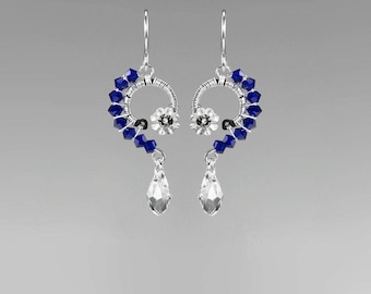 Dark Blue Swarovski Crystal Earrings, Rare Cobalt Swarovski Crystals, Industrial Jewelry, Space Jewelry, Wire Wrapped, Polaris II