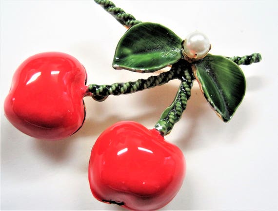Cherry Brooch, Original by Robert, Enamel Red Green, Green Enamel Leaves, Fruit Brooch