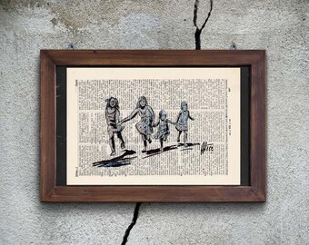 Print - PASQUINI - RUNNING GIRLS - antique book page