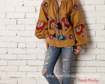 Vyshyvanka Embroidered Blouse Ukrainian Blouse With Embroidered Poppies Boho Blouse Mexican Style. Free shipping