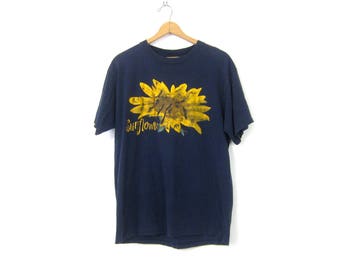 Long Sunflower Tshirt Navy Blue Flower Tee Shirt Cotton T Shirt Graphic Floral Top Vintage Women's Size XL