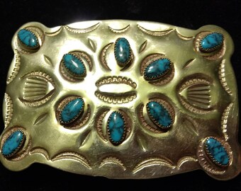 Vintage Southwestern Native American Style Nickel Silver and Faux Turquoise Belt Buckle