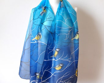 Blue silk scarf with birds - Tit scarf handpainted - Chickadee scarf silk navy blue - flying birds - animal art - gift for her - winter